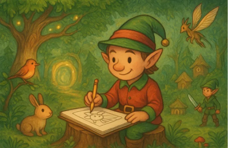 dibujo de elfo sentado en un tronco de madera pintando en un bosque