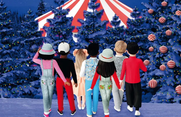 cartel dibujado, niños de espaldas, árboles con adornos de bolas de navidad, carpa de circo