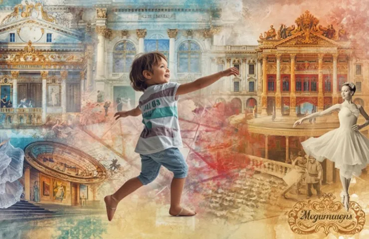 ilustración de niño bailando, edificios históricos de fondo, bailarina