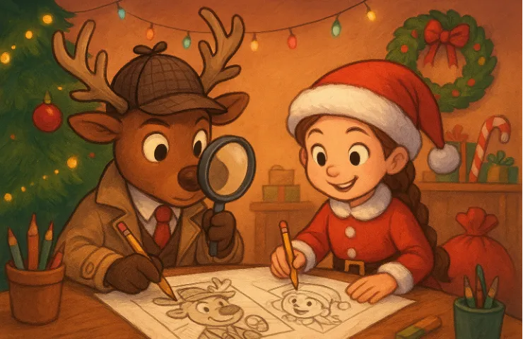 dibujo de una niña vestida de papa noel dibujando junto a un reno vestido de detective conuna lupa en la mano que también está dibujando